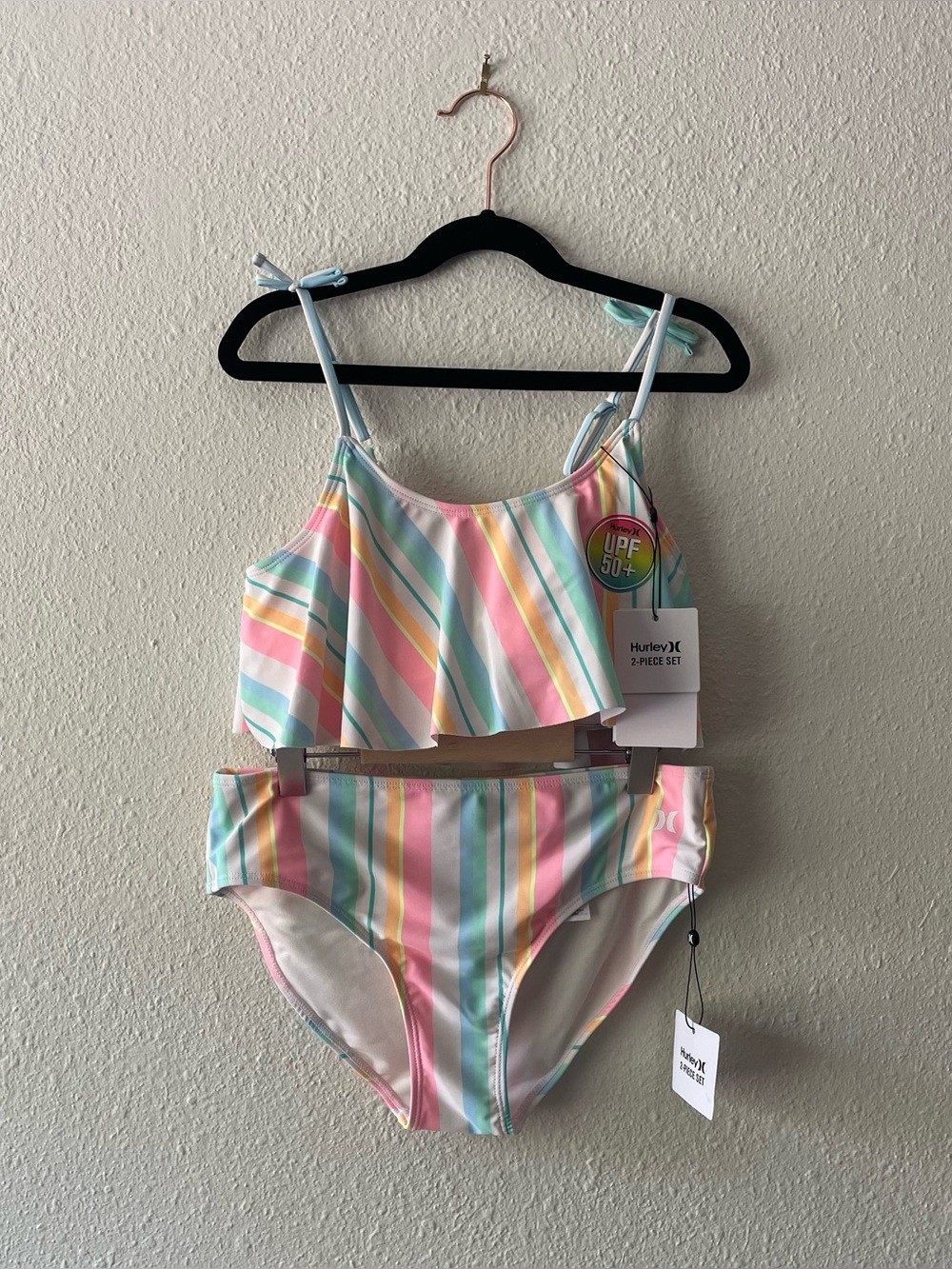 NWT Hurley Girls 2 Piece Swimsuit Size 14 UPF 50+ Pastel Stripe Bikini
